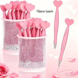 15pcs Heart-Shaped Ballpoint Pens, Elegant Pens, Rotating Button, Fine Point, Ideal for School, Office Supplies, Romantic Writing, Valentine's Day Gifts, Writing Instruments