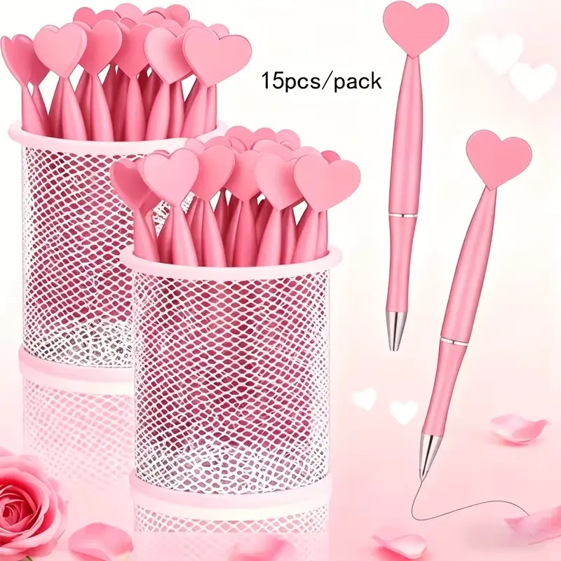15pcs Heart-Shaped Ballpoint Pens, Elegant Pens, Rotating Button, Fine Point, Ideal for School, Office Supplies, Romantic Writing, Valentine's Day Gifts, Writing Instruments, Pen Set, Office Writing Tool, Unique Pens