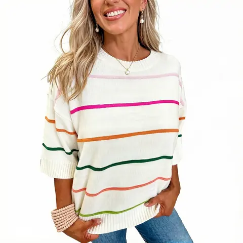 Asvivid Women's Colorblock Striped Half Sleeve Drop Shoulder Sweater Spring Fashion Knitwear Summer Tops Womenswear