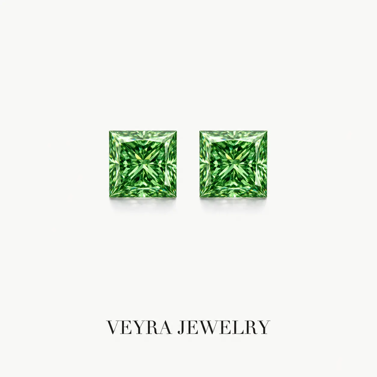 Green Princess Cut Moissanite Loose Stone 2ct - VVS1 Clarity, Traceable GRA Certificate for Earrings, Wedding, Engagement, Anniversary Custom Jewelry, Clean Sparkle