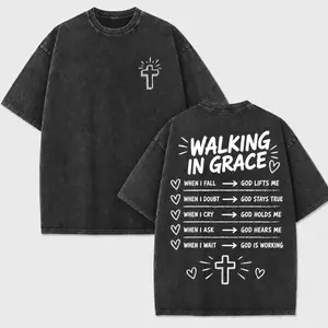 Walking In Grace Christian Washed T-Shirt, God Lifts Me Faith-Based Oversized Tee, Inspirational Religious Cotton Top graphic tee men trendy streetwear