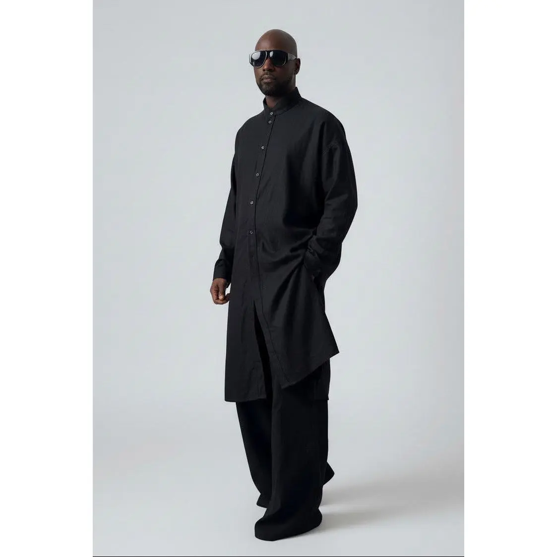 Black Linen Tunic Dress Shirt, Snap Front Longline Shirt, Minimalist Linen Top, Unisex Oversized Tunic, Modern Avant Garde Clothing
