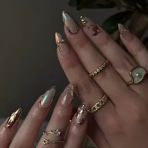 SHEDARES Golden Iris – Dreamy Iridescent Nude Medium Almond Press-On Nails with Gilded Gold Details & Pearls – Ideal for Weddings, Birthday & Date Nights