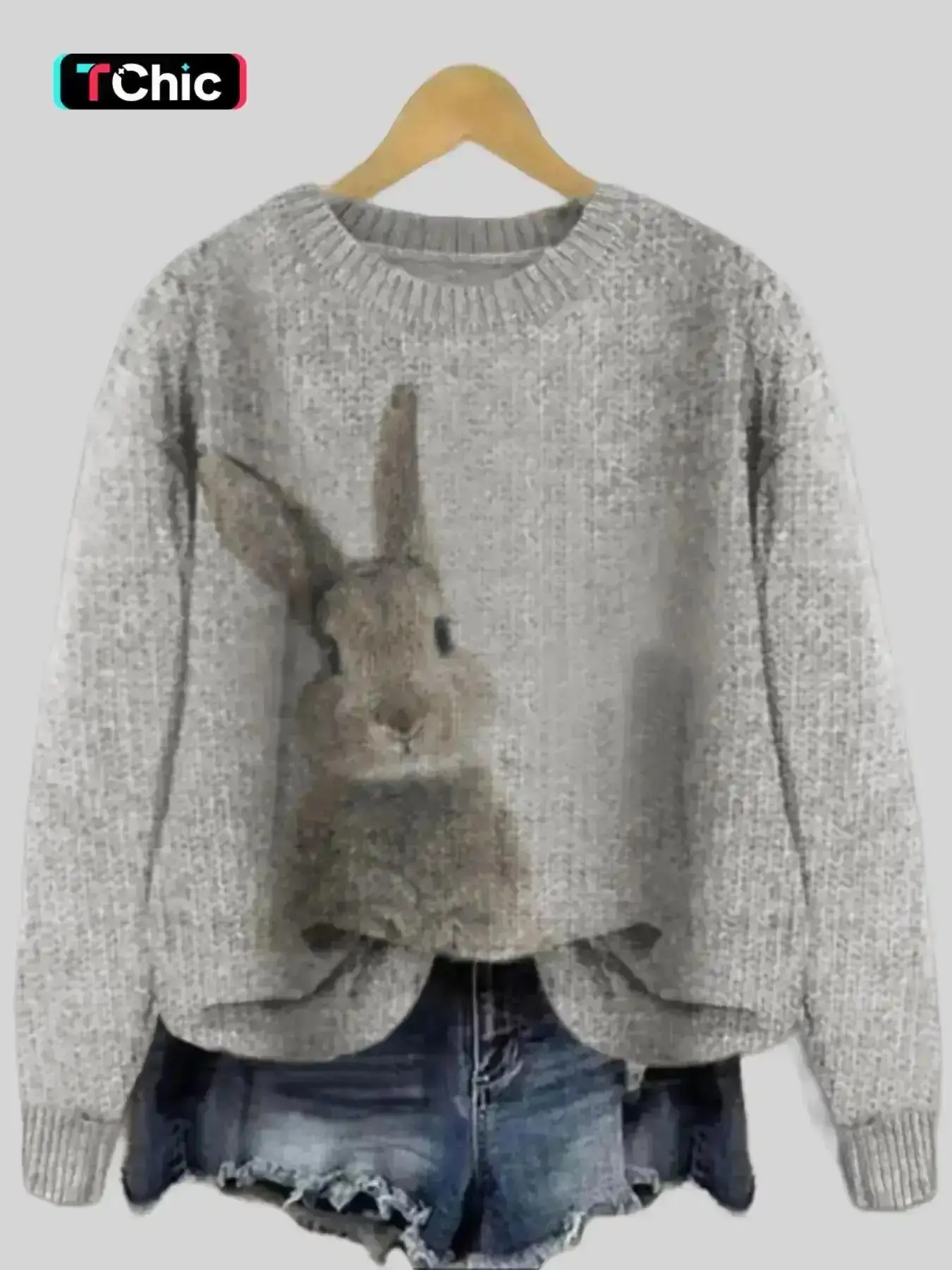 Women's Rabbit Print Drop Shoulder Crew Neck Sweater, Casual Chic Long Sleeve Round Neck Jumper for Fall & Winter, Fashion Ladies' Knitwear for Daily Wear, Women's Clothing, Sweaters for Women, Cute Tops