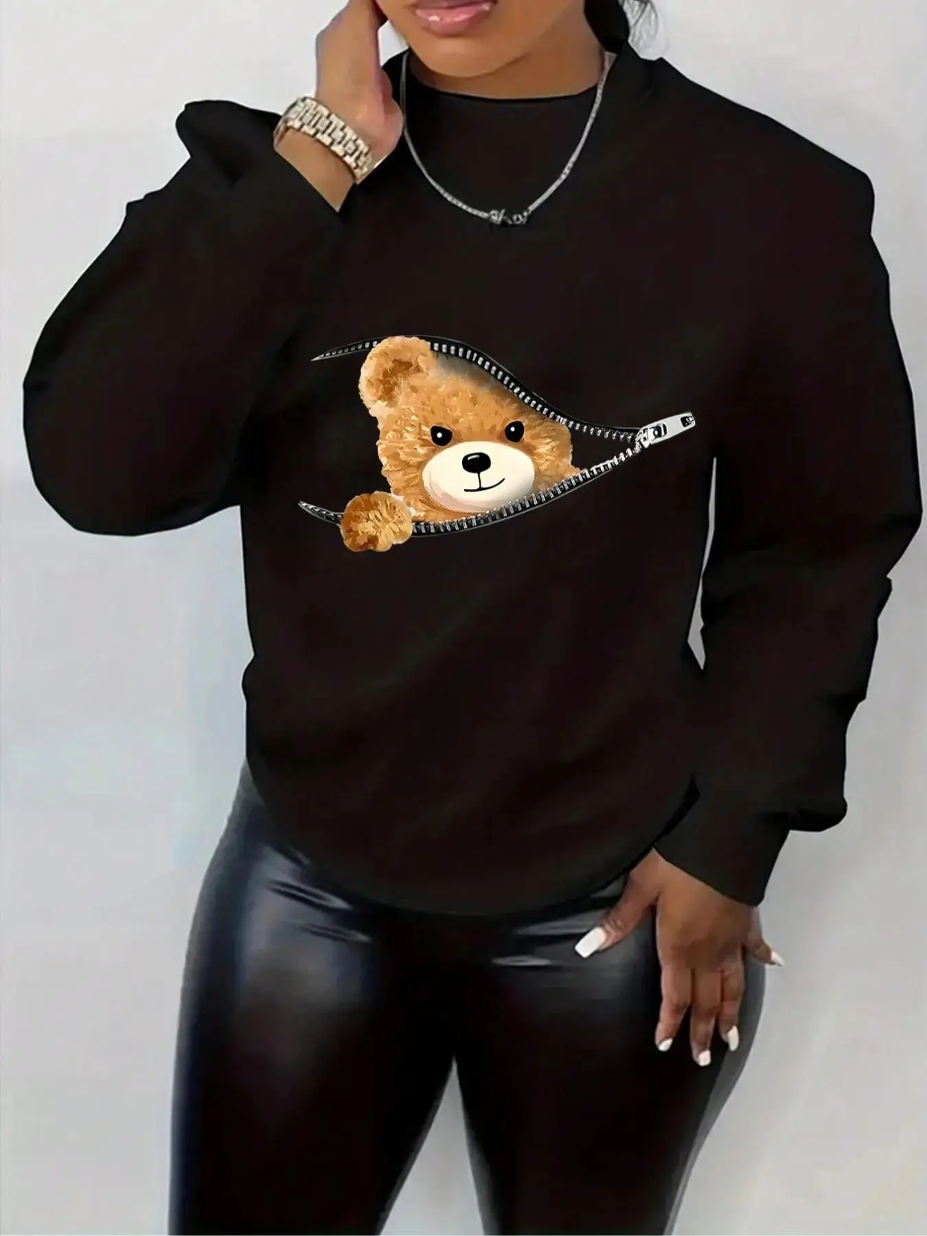 【Clearance】 Women's Cartoon Bear Print Drop Shoulder Longsleeves Crewneck Streetwear Pullover, Casual Womenswear Long Sleeve Round Neck Sweatshirt fo