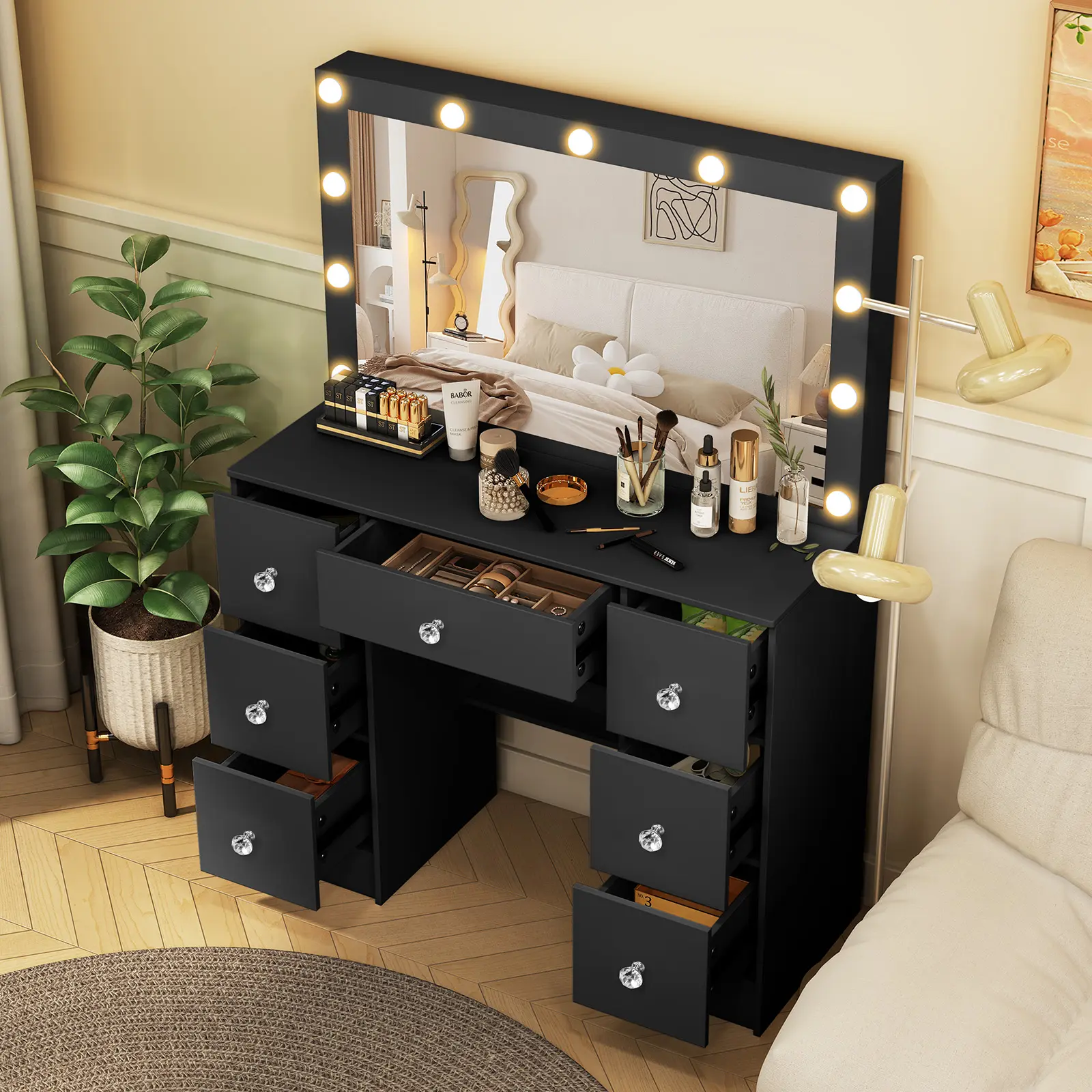 Large Black Makeup Vanity Desk with Mirror and Lights, 11 LED Bulbs, 3 Color Modes & Adjustable Brightness, 7 Drawers, Dressing Table for Bedroom