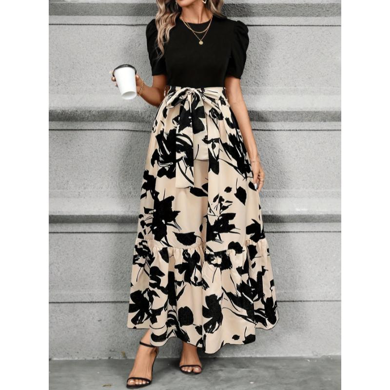 Floral Print Crew Neck Dress, Elegant Short Sleeve Tie Waist A-line Ankle Length Dress For Spring & Summer, Women's Clothing Loose Midi Flowery Backless Mini white  dress  girl shein