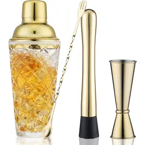 Premium Gold Cocktail Shaker Set - Premium Glass Bartender Kit with Measuring Jigger, Mixing Spoon and Muddler for Home Bar Bartending