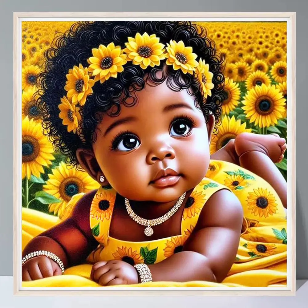Baby Girl And Sunflower Diamond Painting Kits No Frame, With Tools Floral Pattern Full Round Diamond Mosaic Portrait Handmade Home Decor Gift
