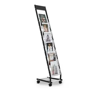 VEVOR Brochure Display Rack, Narrow 6-Tier Magazine Literature Display Stand with Wheels, Metal Floor Standing Magazine Rack, Movable Newspaper Catalog Holders for Shop Exhibitions Office (6 Pockets)