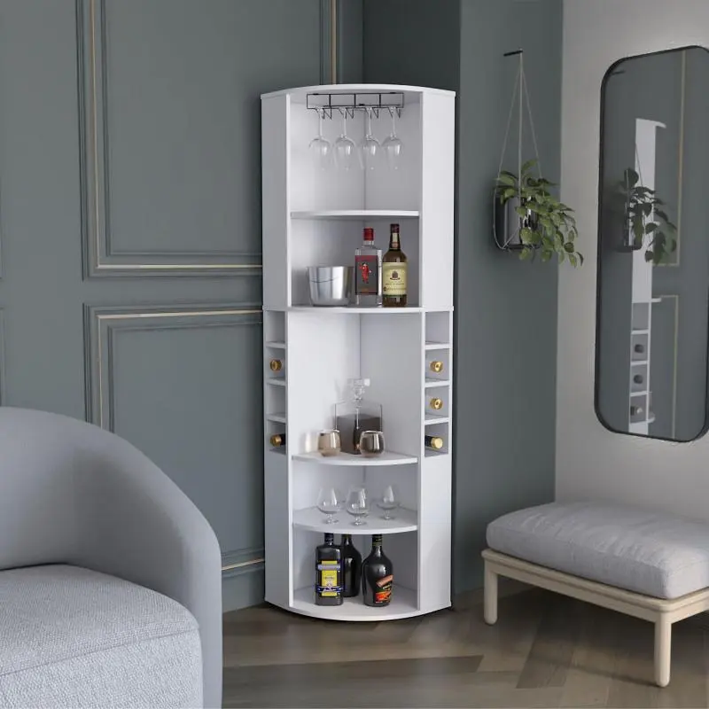 Bellemave Oban Modern White Corner Bar Cabinet - 5 Shelves, 8 Bottle Compartments, Drawer, Stemware Storage, Freestanding Mid-Size Furniture-Style Liquor Organizer Indoor Sideboard, Corner Bar Cabinets, Freestanding Bar Cabinets
