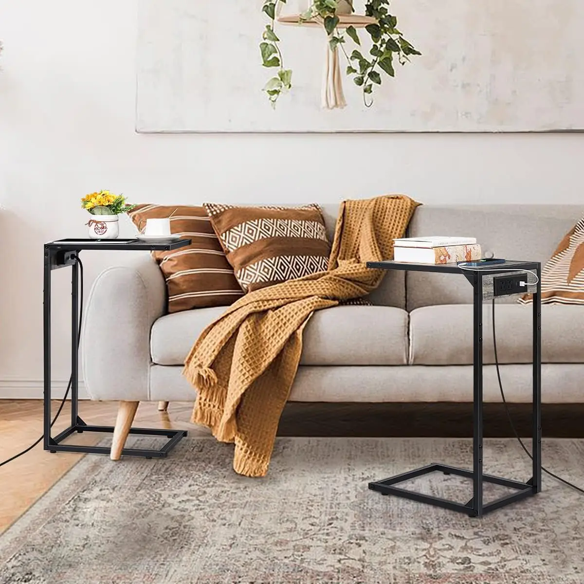 Set of 2 C Shaped End Table with Charging Station, Snack Side Table with Table with USB Ports & Power Outlets, C Tables for Couch, Couch Tables That Slide Under, for Living Room, Bedroom, Gray