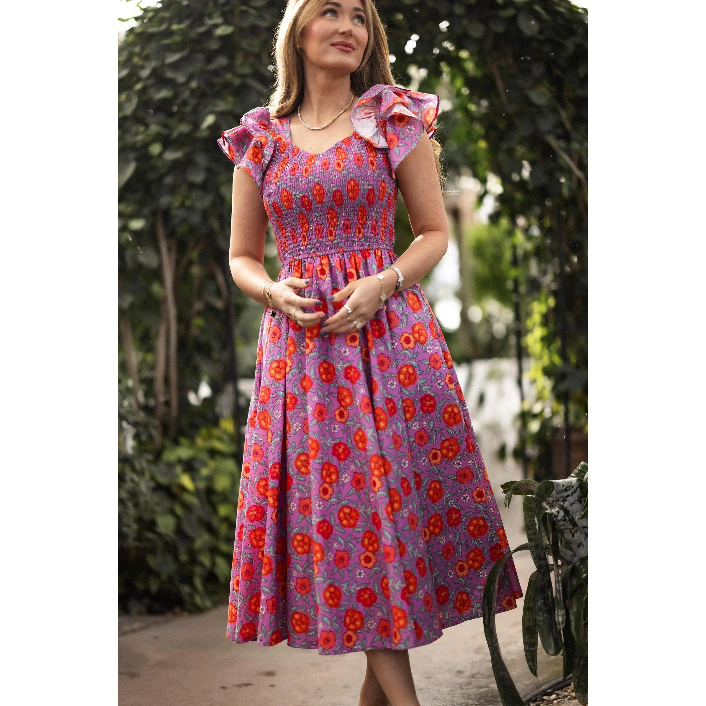 Hattie Dress in Thistle Flower Poppy Woodblock