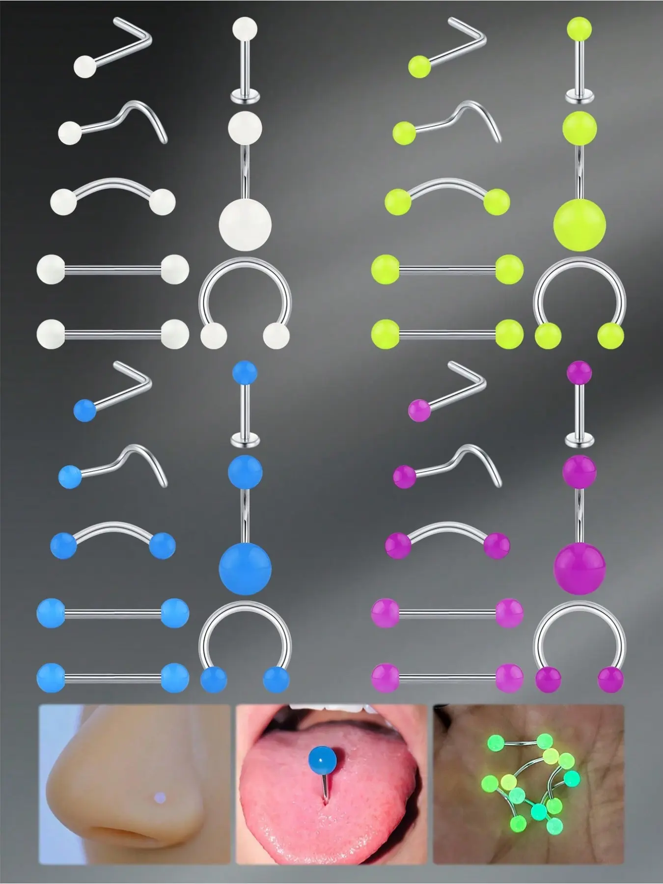 Funky Stainless Steel Glow-In-The-Dark Body Piercing Jewelry Set, 8-Piece Set for Multiple Piercings Including Helix Cartilage Piercing & Labret Designs, Glow In The Dark Accessories, Helix Pierced Ring, Nose Piercing Jewelry