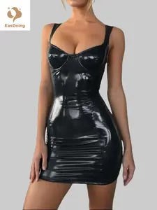 【EasDoing】1 Piece Black Patent Leather Cami Bodycon Mini Dress, Sexy Square Neck Underwire Bustier, Shiny PU Fabric, Slim Fit Party Clubwear, Spicy Girl Night Out Outfit