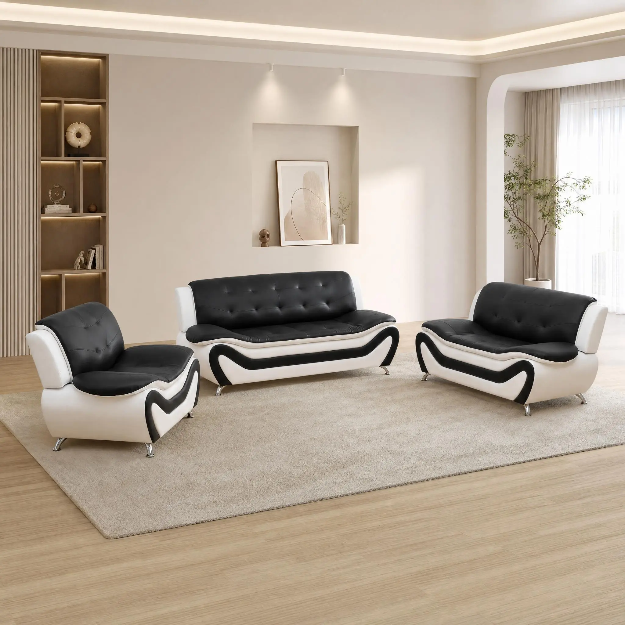 3-Piece Black & White Faux Leather Modern Sofa Set, Comfortable Living Room Couch, Indoor Home Decor Furniture