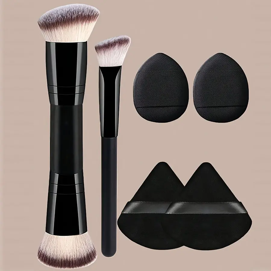 Professional Face Makeup Brush Set, Beauty Duo Brush, 2 Brushes + 4 Mini Powder Puffs, Soft Fiber, No Animal Testing, Holiday Gift