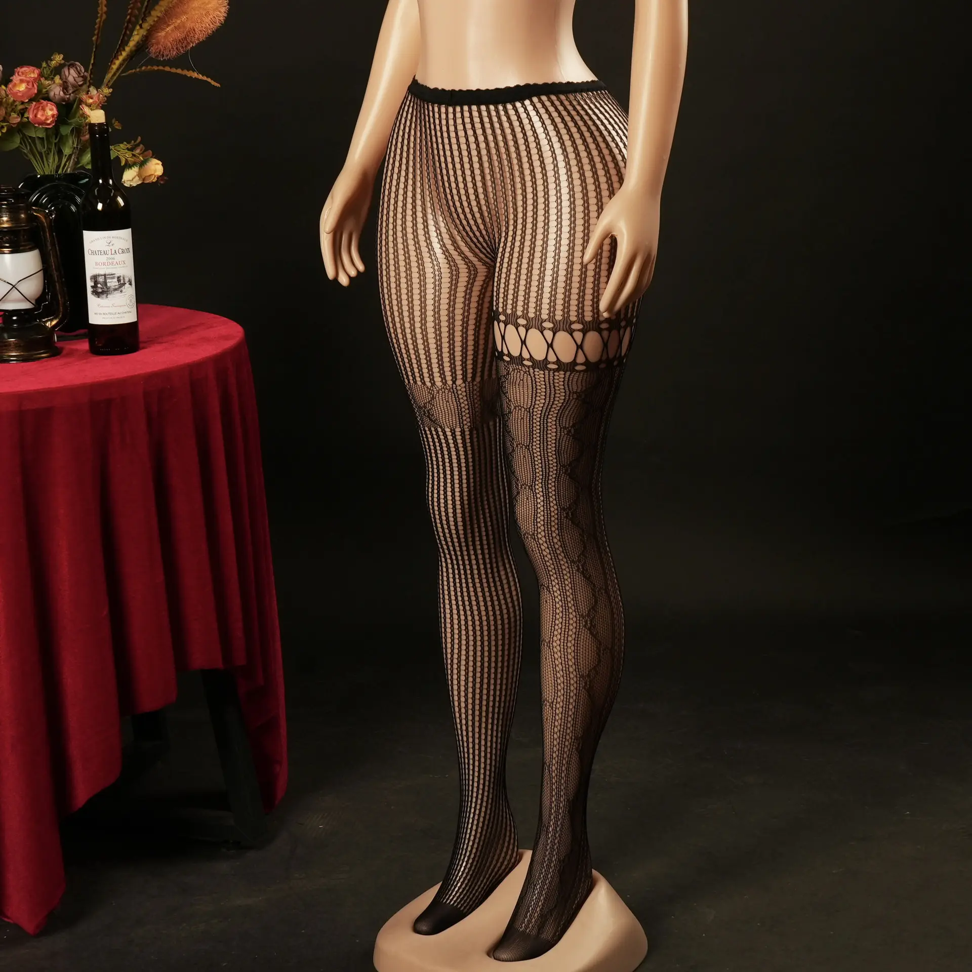 Women's Asymmetric Mismatched Lace Fishnet Thigh-High Pantyhose - Bold Striped Jacquard, Sheer Lingerie, Reinforced Toe, Rock Chic Style, Geometric Design, for Party Night Wear, Black Stockings fleece lined tights Aesthetic Fashion