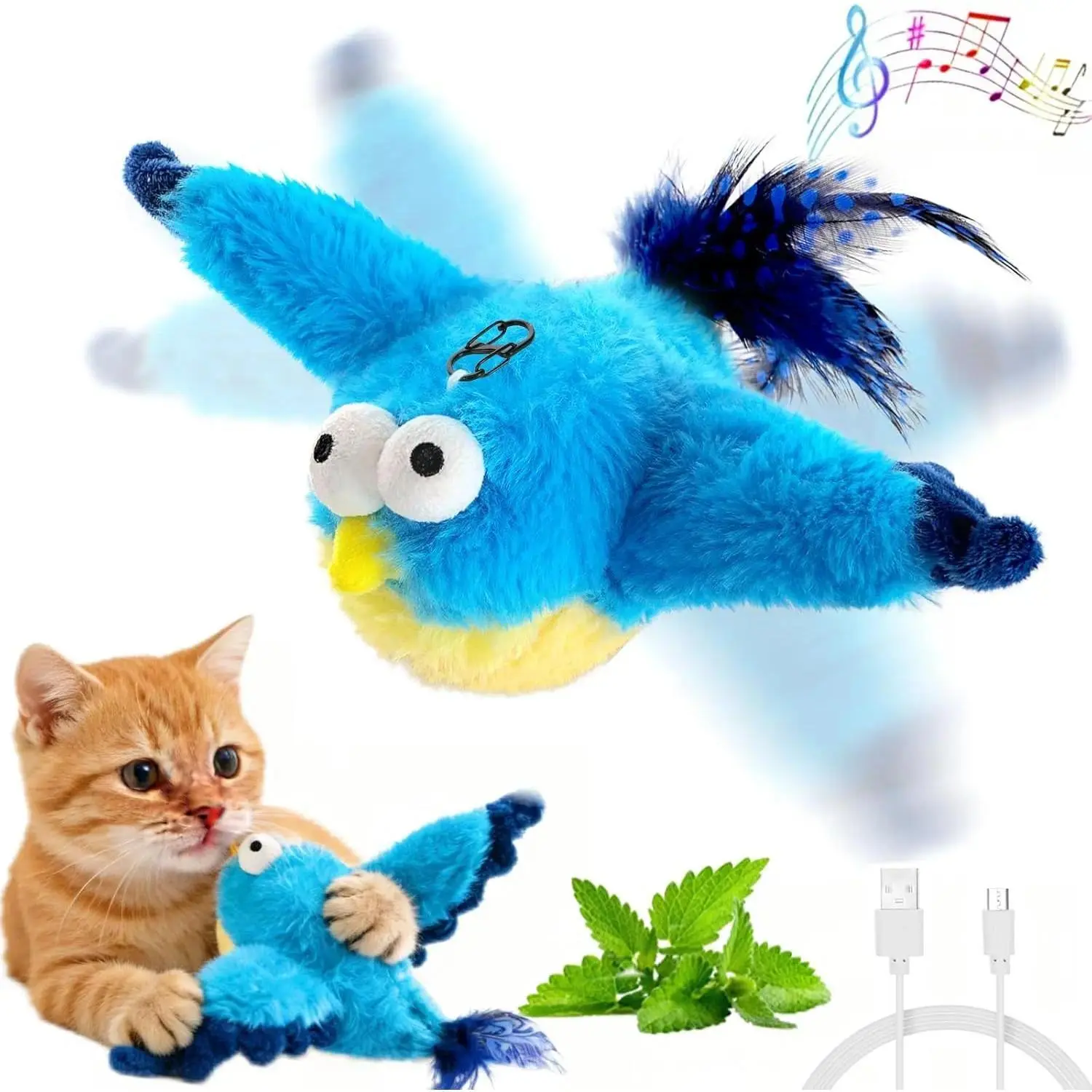 Flying Bird Cat Toys - Interactive Simulated Chirping & Flapping Wings, Realistic Flappy Chase with Catnip, Viral USB Rechargeable Motion-Activated Toy for Indoor Cats