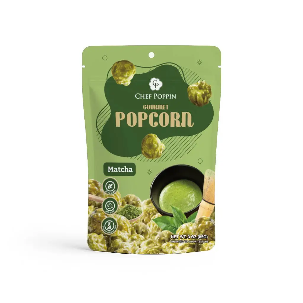 Chef Poppin Crunchy Gourmet Sugar-Coated Shizuoka Matcha Popcorn Snack - Non-GMO, Low Sugar, 85g, Earthy Sweetness, Ideal for Afternoon Tea Snack Ideas