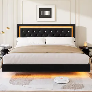 Garvee Floating Platform Bed Frame with Smart LED Lights, Upholstered Diamond Headboard, Solid Wood Slats Support, Noise-Free, No Box Spring Needed, Easy Assembly, Available in King, Queen, and Full Sizes