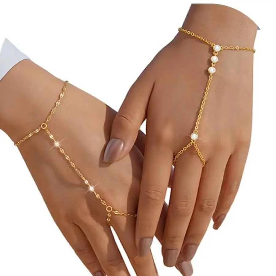 2PCS Adjustable Hand Chain Bracelet Set with CZ Link Jewelry for Women