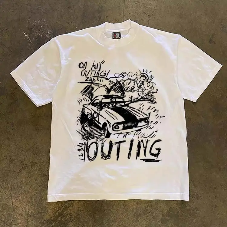 Hand Drawn Muscle Car & "On An Outing" Graphic Print T-Shirt | Vintage Streetwear Oversized Tee | 100% Cotton Unisex Short Sleeve Top | Trendy Casual Shirt for Men & Women | SKU adjnbbsyl