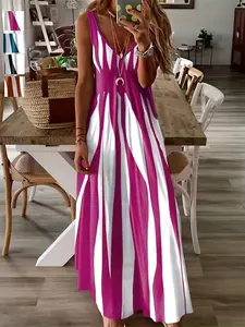 New Summer Women's Casual Sleeveless Long Dress, V Neck Print Halter Top, Daily Wear Outerwear, Trendy Fashion for Ladies