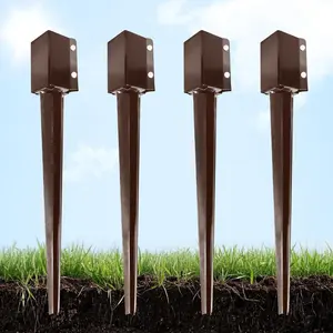 Heavy Duty Metal Fence  Anchor 32 Inch, 4"x4" Ground Spike with Dark Brown  Coating, Fence  Base for Mailbox, Deck Railing, Gazebo, (3.5"x3.5" Inner Diameter), Pack of 4