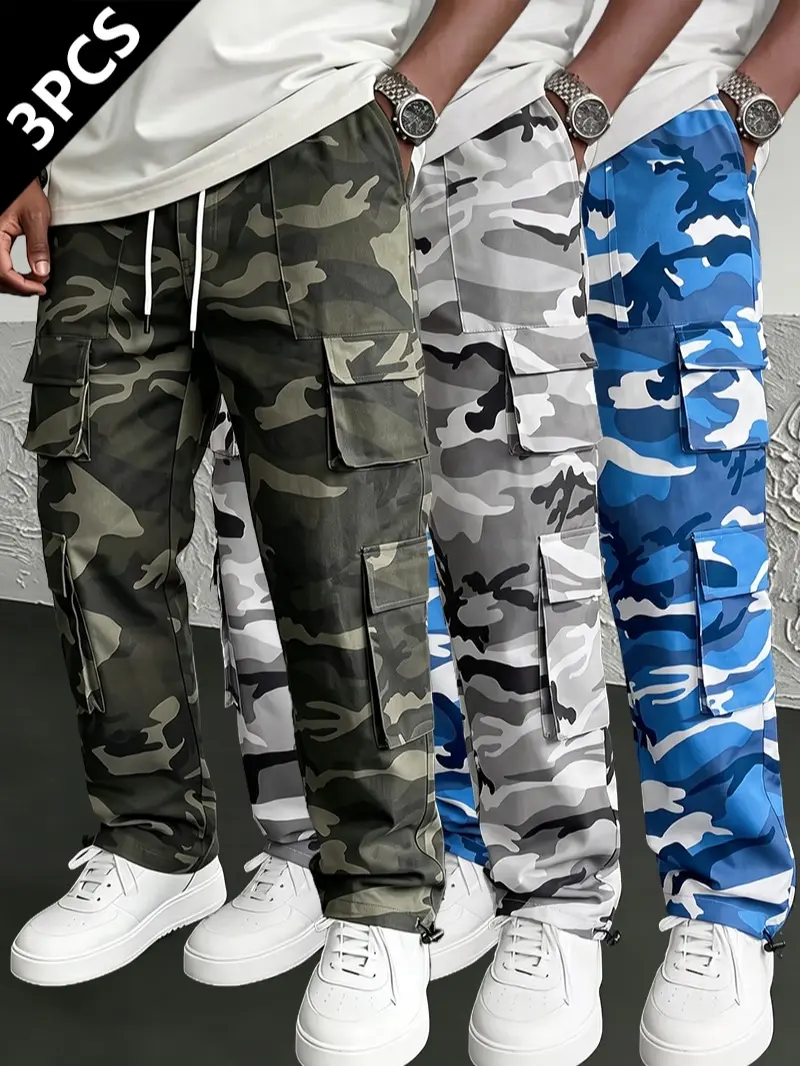 LIFE KEEPS MOVING 3-Pack Men’s Camouflage Cargo Pants, zippered cargo pockets, adjustable drawstring waist, casual workwear for spring and autumn, suitable for everyday wear and outdoor activities