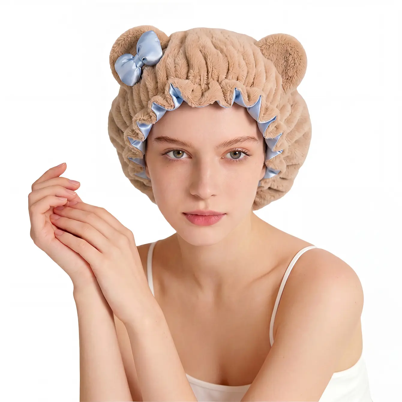 Plush Fuzzy Sleep Bonnet for Women, Double Layer Satin Lined Night Cap with Cute Light Blue Bow & Bear Ear Decor, Elastic Ruffle Edge Hair Protect Head Wrap for Sleeping, Curly Hair Care Soft Comfort Hair Cover Daily Night Accessory