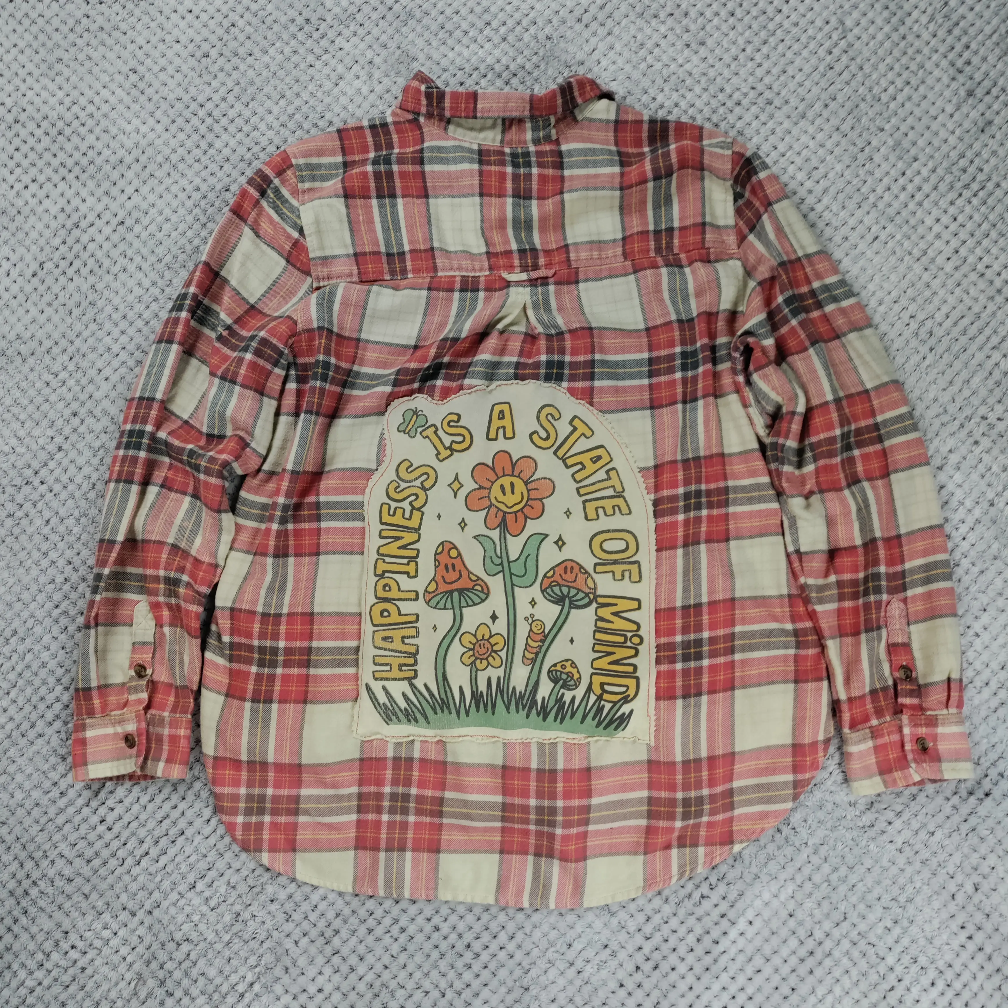 Women's Long-Sleeve Flannel Lady Blouse - 2000s Aesthetic 1-Piece Relaxed Fit Soft Fabric Top, Dress Casual "Happiness is a State of Mind" Graphic Shirt, Casual Blouse, Dopamine, Graphic Print, Thrift-Core, Plaid Check, Upcycled Art, Handmade Art, Upcycle