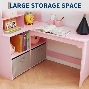 Kids Desk and Chair Set, L-Shaped Children's Study Table, Features Bulletin Board, Open Shelves, Storage Cabinets, and Fabric Drawers