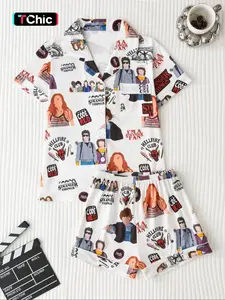 Women's Sleepwear Set, Pajama Set, Nightwear Loungewear Set, Pjs, Matching Pj Set, Womenswear, Fitted Short Sleeve Top & Loose Shorts, Heart Letter Pattern, All-Season Comfortable Home Wear