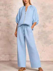 2 Piece Sets Women Casual Lounge Outfit 2026 – Loose Zip Up Top & Wide Leg Pants, Comfy Travel Airport Outfit, Plus Size Linen Vacation Set