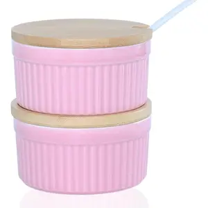 8OZ Ceramic Salt and Pepper Bowls Set of 2, Stacking Spice Cellars with Lid and Spoon, Kitchen Condiment Container for Salt Pepper Sugar Spice (Pink)