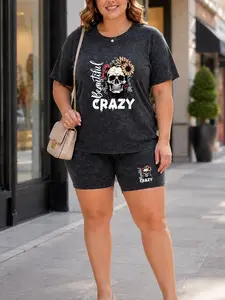 Women's Plus Size Black Acid Wash Look T Shirt and Biker Shorts Set, Skull Daisy Letter Graphic, Casual Street Outfit 1XL-5XL