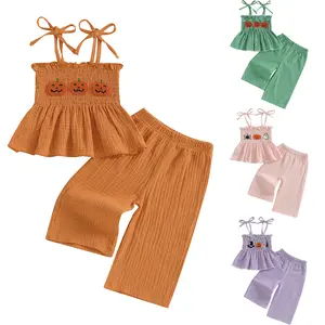 REDWOON Halloween Outfit Toddler Baby Girl Pumpkin Patch Tank Top+Wide Leg Pants Set Kids Little Girl Halloween Fall Winter Smocked Clothes
