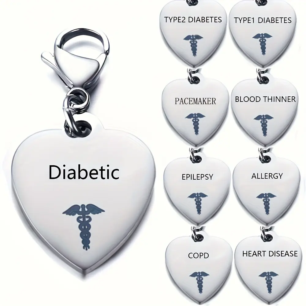 Personalized Heart Tag Stainless Steel Medical ID Pendant Keyring - Engraved with Diabetes Type 1-2 Symbol, Hypoallergenic, Durable, Easy to Clean, Ideal Gift for Diabetic Men