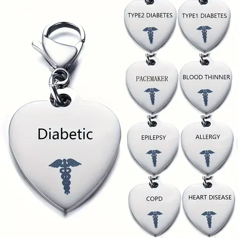 Personalized Heart Tag Stainless Steel Medical ID Keyring Pendant - Engraved Type 1/2 Symbol, Letters, Hypoallergenic, Durable, Wear-Resistant, Easy-to-Clean Ideal Gift for Diabetic Men