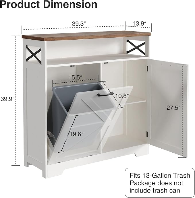 [tiktokshopbacktoschool] Vabches Wooden Tilt-Out Trash Can Cabinet for 13 Gal Bin, Barn/Cottage Style Hidden Multi-Purpose Kitchen Furniture with Adjustable Shelf, Dog-Proof Organizer (White, Dorm Essentials Home Decor)