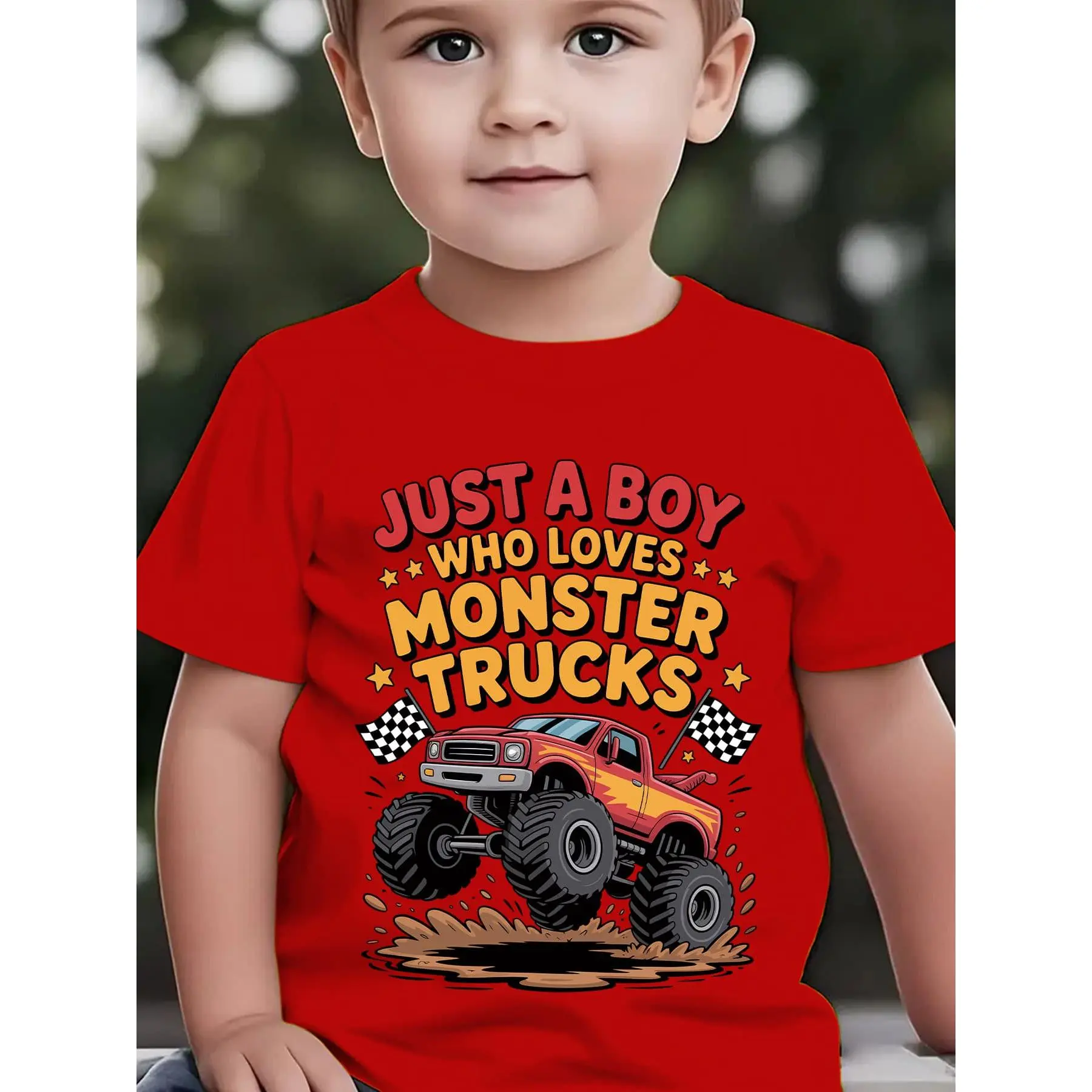 Kids' 7-8y Polyester 'Loves Monster Trucks' Graphic T-Shirt, Casual Round Neck Short Sleeve Easy-Care Top for Kids Who Love Trucks, All Seasons, Graphic T Shirts
