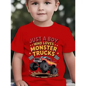 Boys' "JUST A BOY WHO LOVES MONSTER TRUCKS" T-Shirt - Monster Truck Print Short Sleeve Tee with Round Neck, Casual Summer Top for Truck-Loving, & -Care (NY-DX7574)