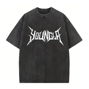 Y0ungl@ Gym Washed Oversized Tee, Heavyweight Cotton Workout Shirt, Vintage Distressed Streetwear, Gothic Metalcore Graphic T-Shirt for Men