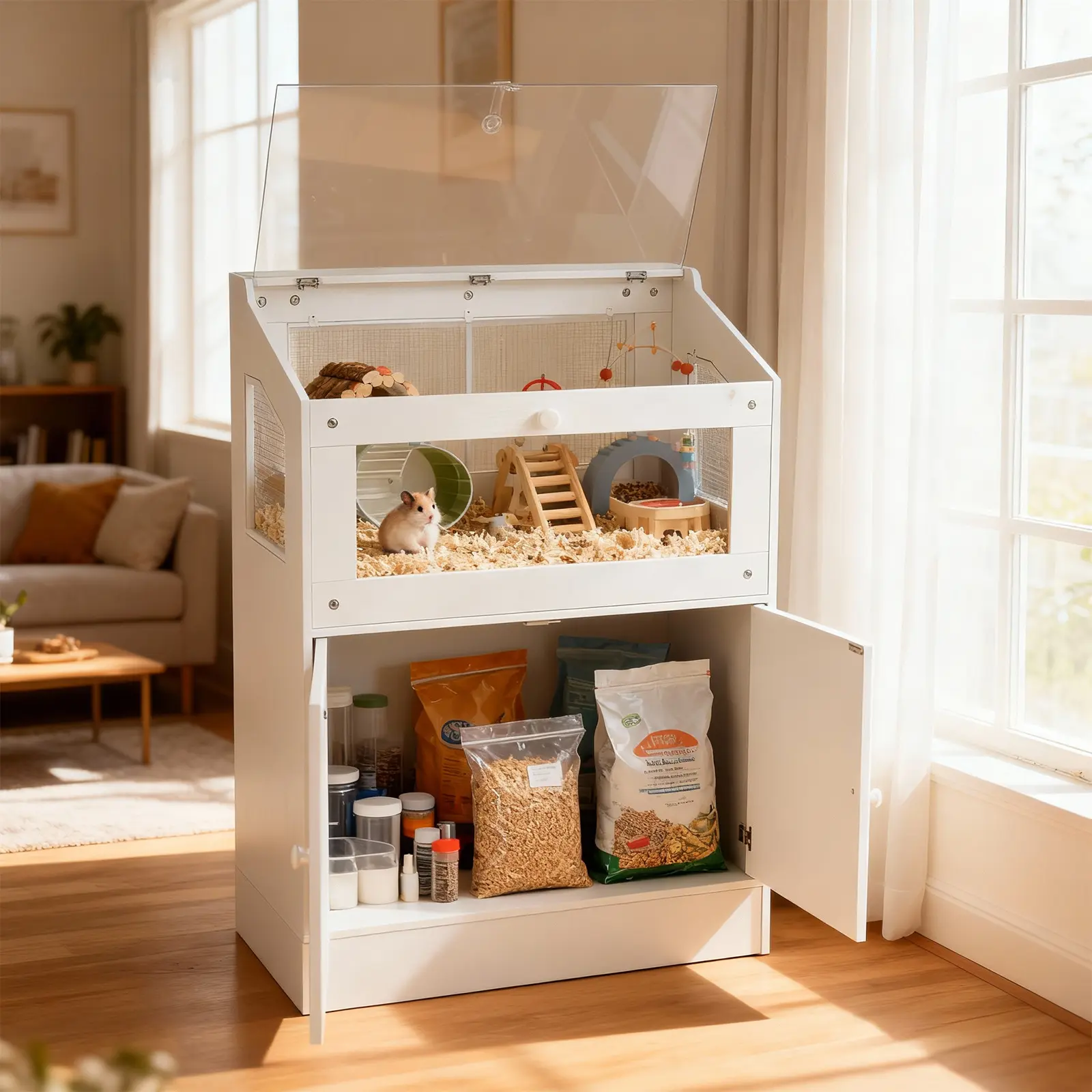 Large 2-in-1 Hamster Cage & Storage Cabinet, Deluxe Small Animal Habitat with High-Transparency Acrylic Window, Ventilated Wire Mesh Cage for Guinea Pigs, Hedgehogs, Mice & Gerbils, Professional Critter Cage with Easy Access Top Cover