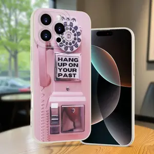 Creative, stylish, and minimalist pink rotary telephone pattern, shockproof and anti-slip TPU full-coverage lens phone case, suitable for iPhone 17, 16, 15, 14, 13, 12, 11, XS, X, Samsung, and other series models. Makes a great gift for friends or family