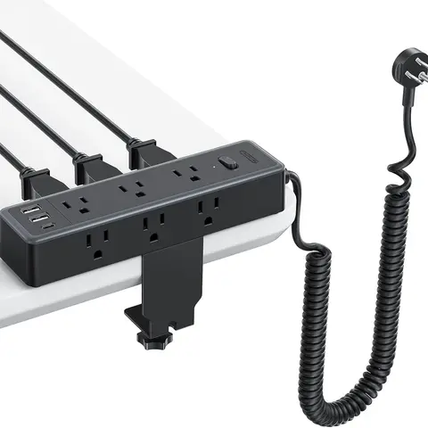 NTONPOWER Desk Clamp Power Strip, Coiled Extension Cord 10 ft with 9 AC Outlets 3 USB Ports, Flat Plug Surge Protector, Desk Edge Mount or Wall Mountable Charging Station, Fit 2.68" Tabletop Edge