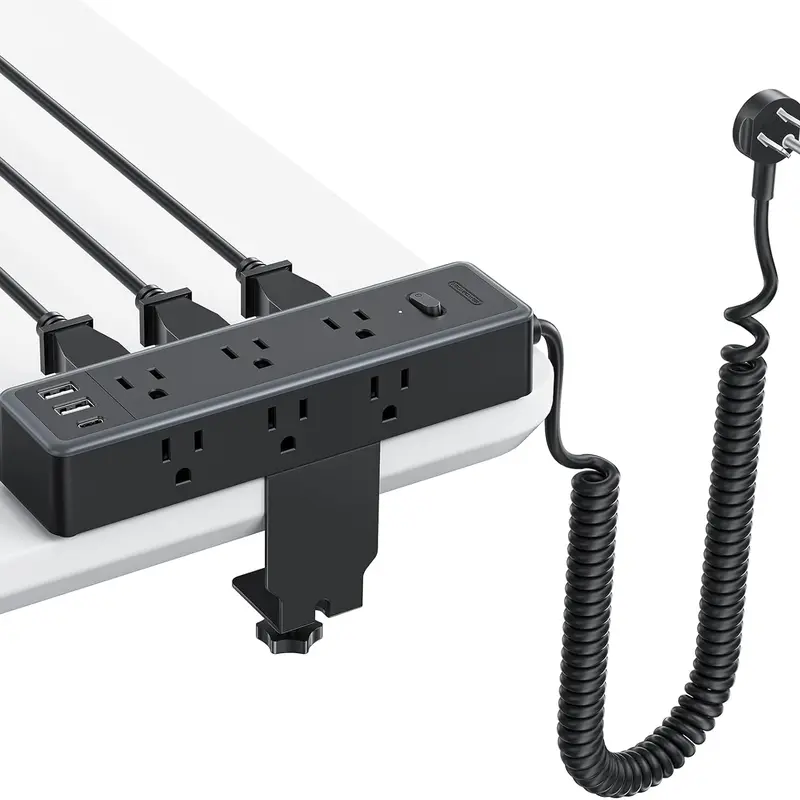 NTONPOWER Desk Clamp Power Strip, Coiled Extension Cord 10 ft with 9 AC Outlets 3 USB Ports, Flat Plug Surge Protector, Desk Edge Mount or Wall Mountable Charging Station, Fit 2.68" Tabletop Edge
