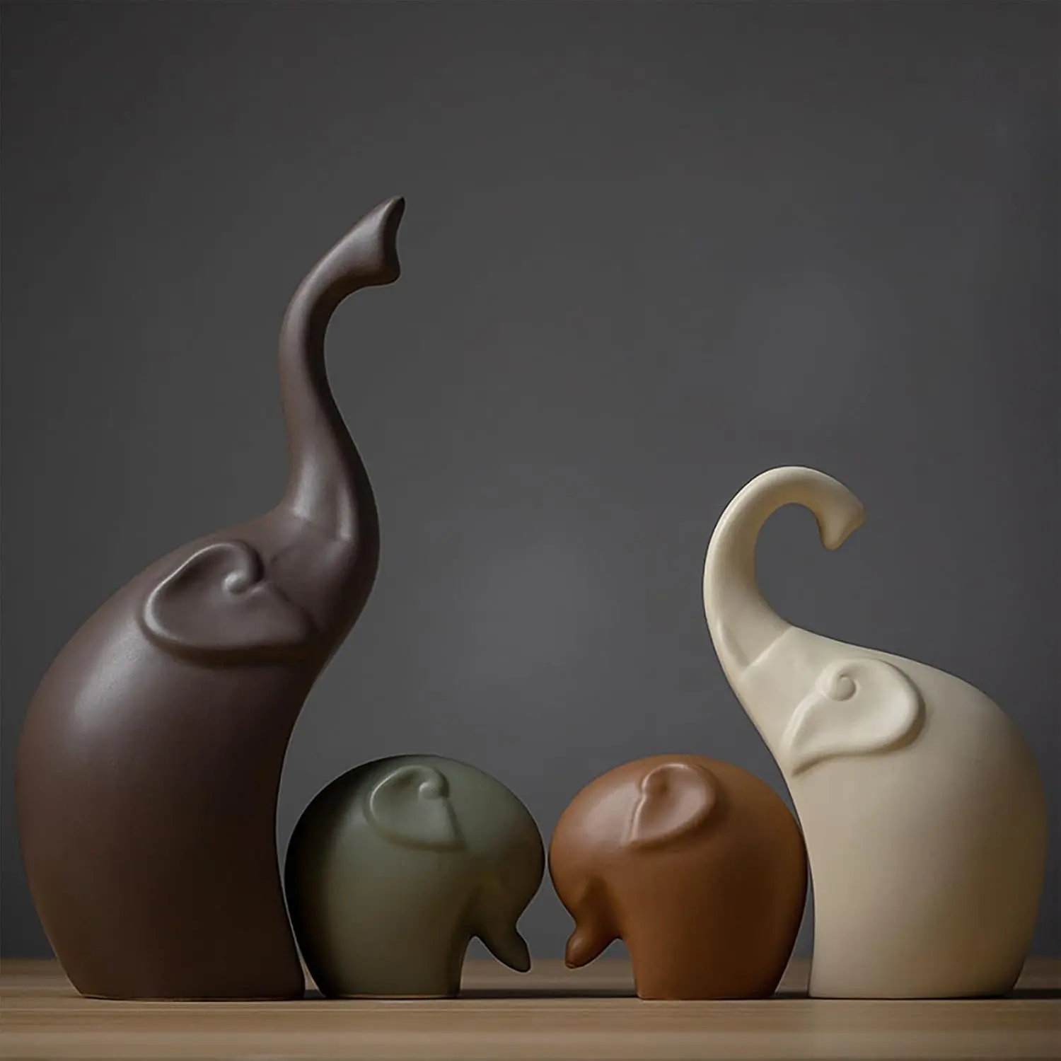 Ceramic Elephant Family Statue Figurine Mom Dad and Baby Animal Art Porcelain Sculpture Home Decor Decorations for Living Room Book Shelf Cabinet Desk Table Top Ornament (B2, Four)