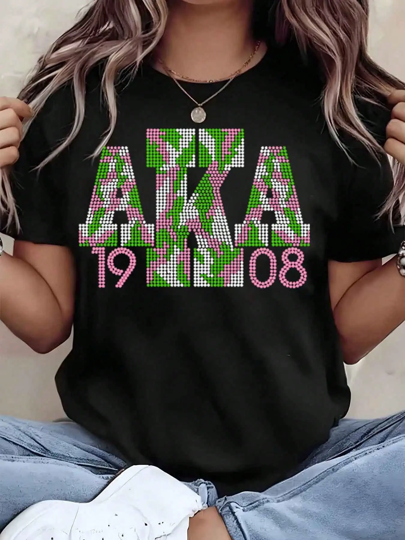 Women's Comfortable Short-Sleeve 220g Lightweight Graphic Tee - Crew Neck, Colorful Pink & Green Rhinestone Print, Sorority Member Style, Alpha 1908 Themed Gift, Shortsleeve
